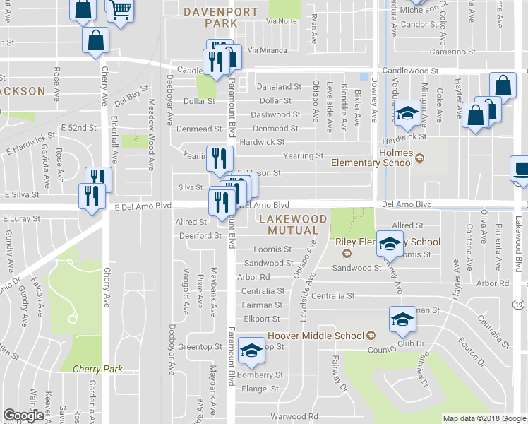map of restaurants, bars, coffee shops, grocery stores, and more near 2812 Del Amo Boulevard in Lakewood