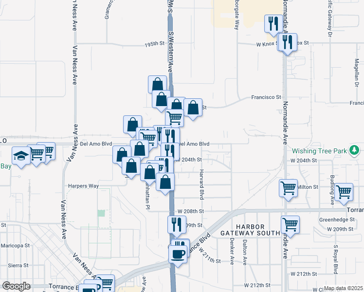 map of restaurants, bars, coffee shops, grocery stores, and more near 1639 West 204th Street in Torrance