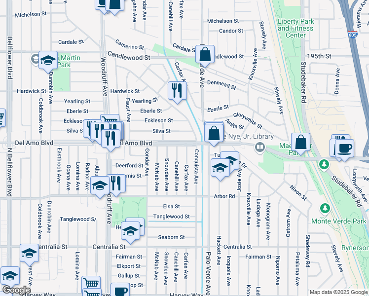 map of restaurants, bars, coffee shops, grocery stores, and more near 4859 Carfax Avenue in Lakewood