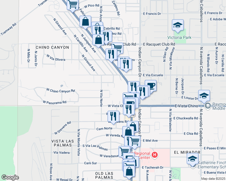 map of restaurants, bars, coffee shops, grocery stores, and more near 326 West Santa Elena Road in Palm Springs