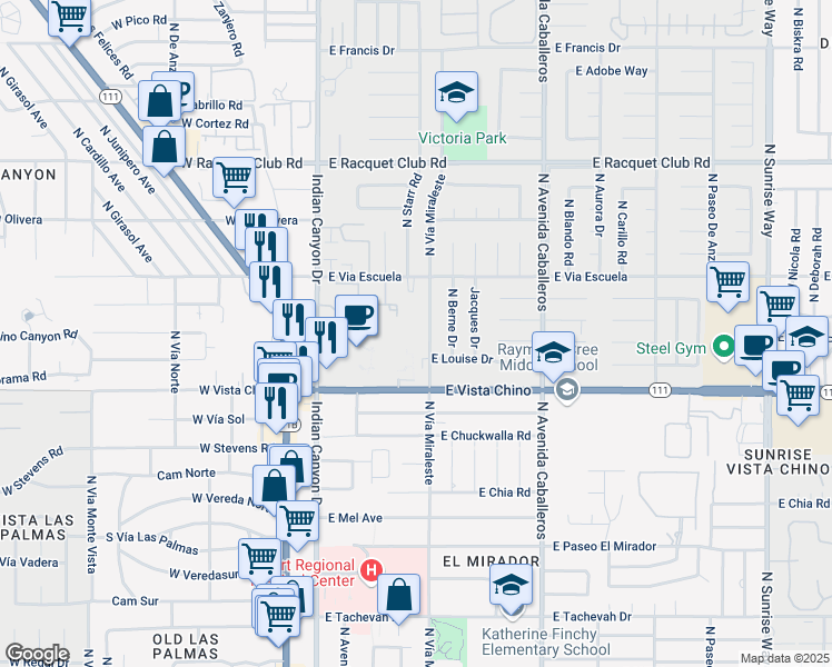 map of restaurants, bars, coffee shops, grocery stores, and more near 1735 North Vía Miraleste in Palm Springs