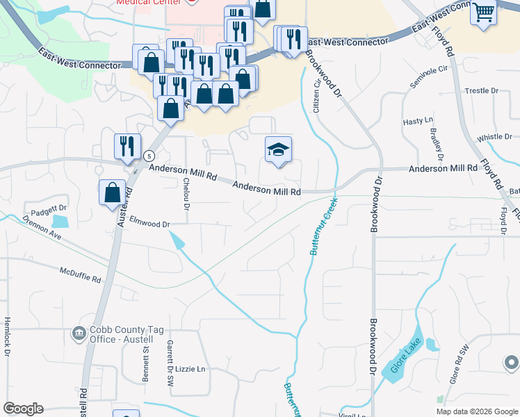 map of restaurants, bars, coffee shops, grocery stores, and more near 1607 Silver Oak Drive in Austell