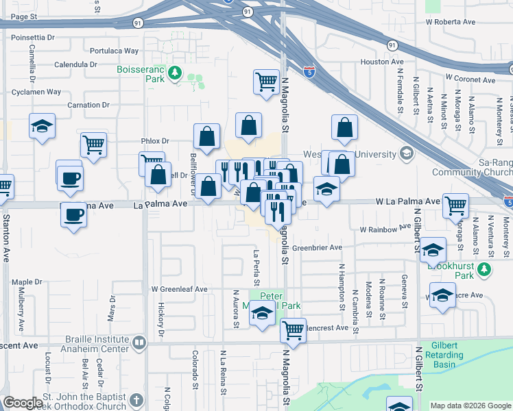 map of restaurants, bars, coffee shops, grocery stores, and more near in Anaheim