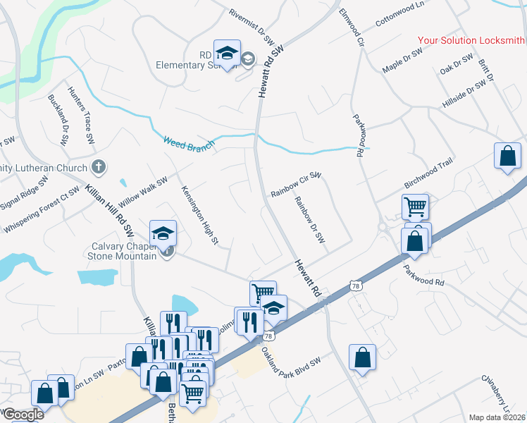 map of restaurants, bars, coffee shops, grocery stores, and more near 1987 Hewatt Road Southwest in Lilburn