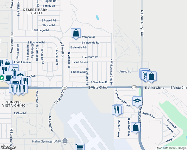 map of restaurants, bars, coffee shops, grocery stores, and more near 1920 North San Gorgonio Road in Palm Springs
