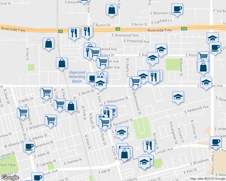map of restaurants, bars, coffee shops, grocery stores, and more near 713 North Hemlock Place in Anaheim