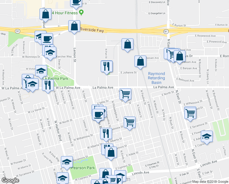 map of restaurants, bars, coffee shops, grocery stores, and more near 229 East Mills Drive in Anaheim