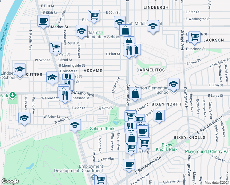 map of restaurants, bars, coffee shops, grocery stores, and more near 510 East Pleasant Street in Long Beach