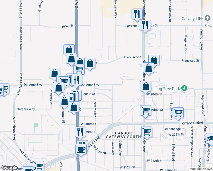 map of restaurants, bars, coffee shops, grocery stores, and more near 1521 1/2 West 204th Street in Torrance