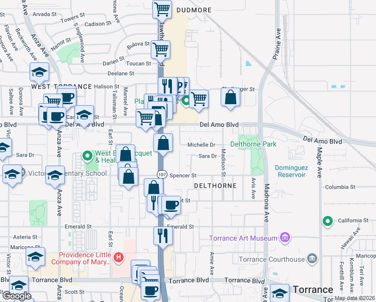 map of restaurants, bars, coffee shops, grocery stores, and more near 3703 White Court in Torrance