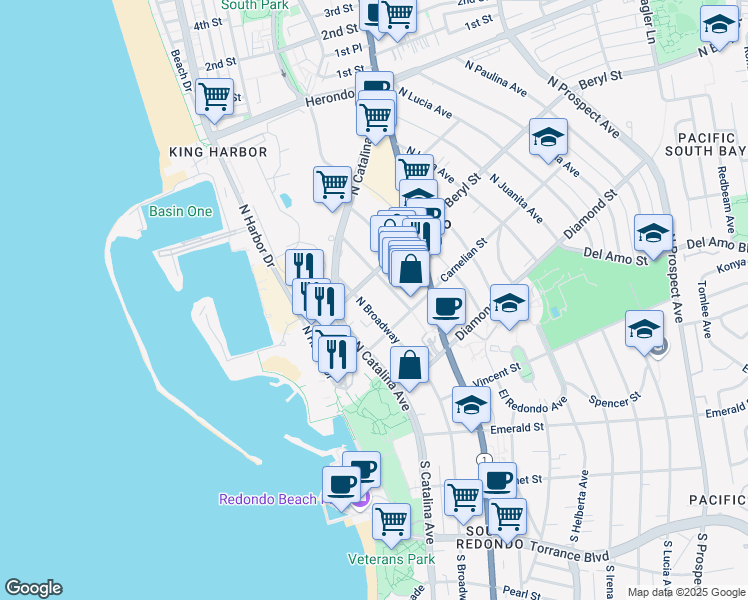 map of restaurants, bars, coffee shops, grocery stores, and more near 415 North Broadway in Redondo Beach