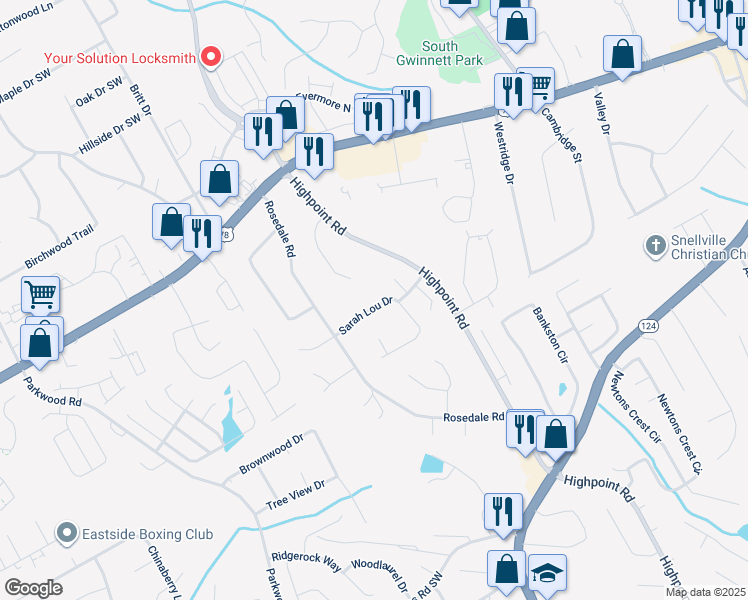 map of restaurants, bars, coffee shops, grocery stores, and more near 3194 Sarah Lou Drive in Snellville