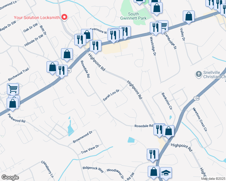 map of restaurants, bars, coffee shops, grocery stores, and more near 3194 Sarah Lou Drive in Snellville