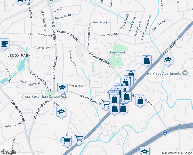 map of restaurants, bars, coffee shops, grocery stores, and more near 2162 Prestwick Court Northeast in Brookhaven