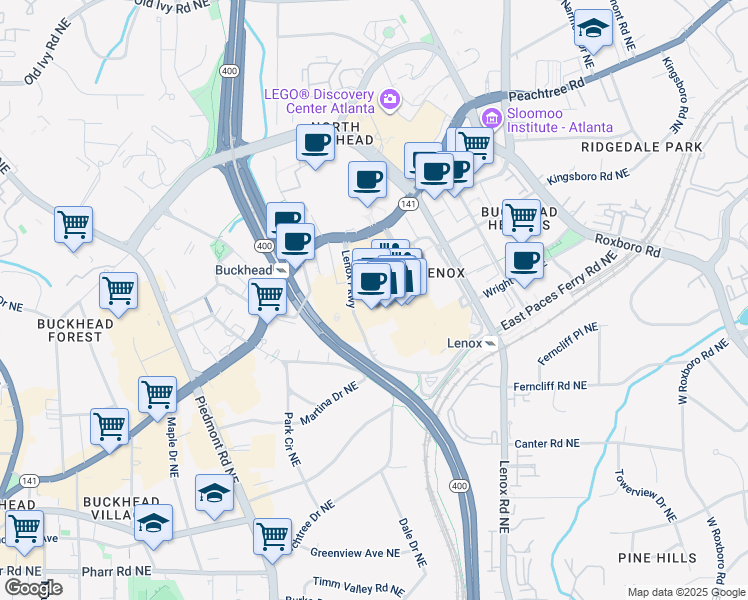 map of restaurants, bars, coffee shops, grocery stores, and more near 3393 Peachtree Road in Atlanta