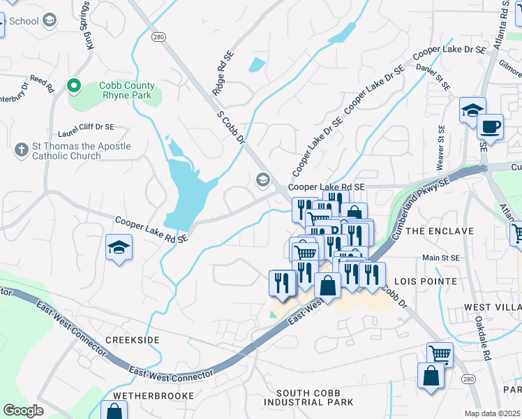 map of restaurants, bars, coffee shops, grocery stores, and more near 1618 Cooper Lake Road Southeast in Smyrna