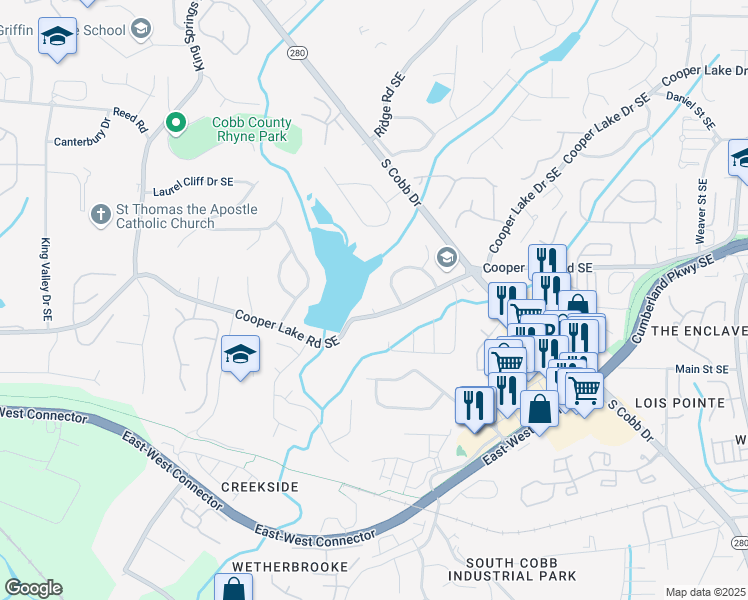 map of restaurants, bars, coffee shops, grocery stores, and more near 1531 Cooper Lake Road Southeast in Smyrna