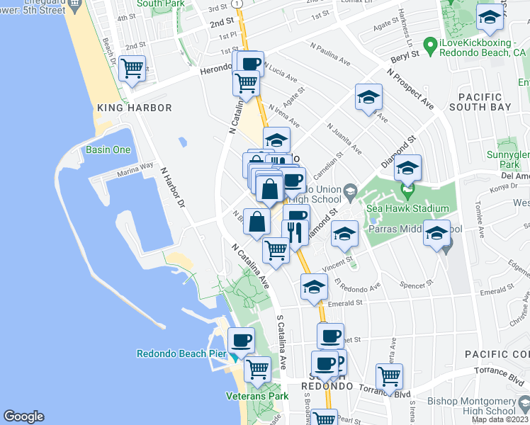 map of restaurants, bars, coffee shops, grocery stores, and more near 426 North Elena Avenue in Redondo Beach