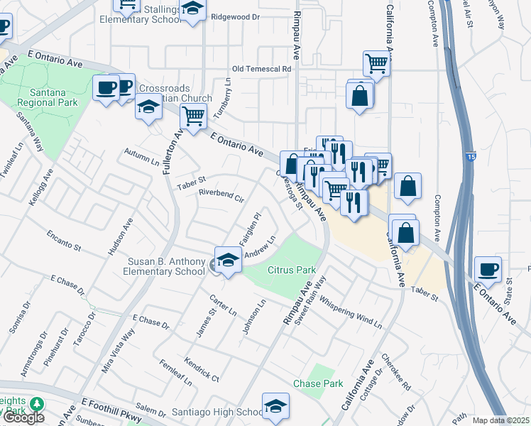 map of restaurants, bars, coffee shops, grocery stores, and more near 1126 Belridge Place in Corona