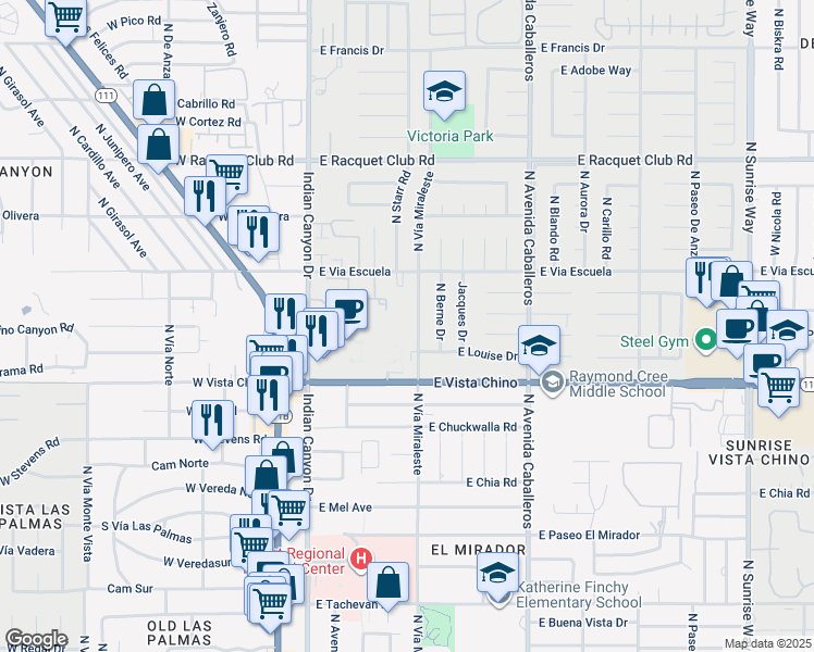 map of restaurants, bars, coffee shops, grocery stores, and more near 1820 North Vía Miraleste in Palm Springs