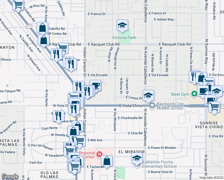 map of restaurants, bars, coffee shops, grocery stores, and more near 1895 North Vía Miraleste in Palm Springs