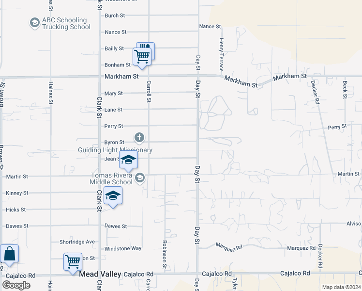map of restaurants, bars, coffee shops, grocery stores, and more near 21915 Byron Street in Perris