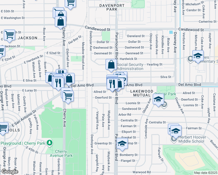 map of restaurants, bars, coffee shops, grocery stores, and more near 4840 Maybank Avenue in Lakewood