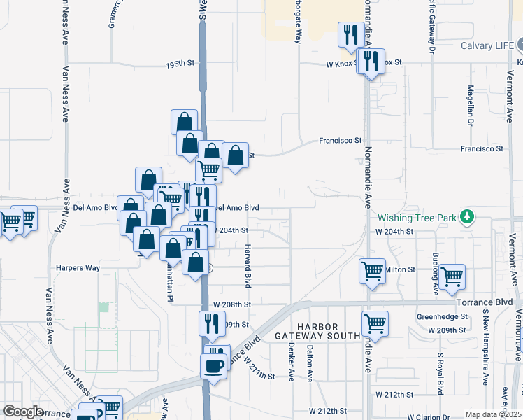 map of restaurants, bars, coffee shops, grocery stores, and more near 1567 West 204th Street in Torrance