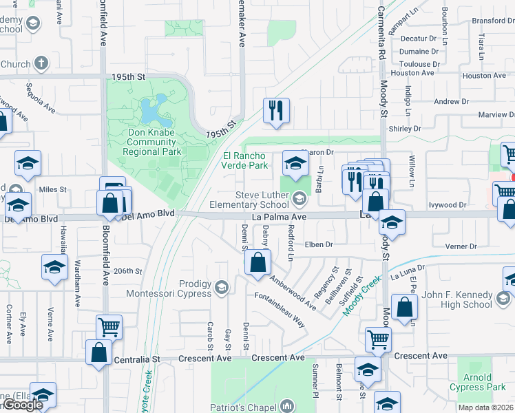 map of restaurants, bars, coffee shops, grocery stores, and more near 4500 Montecito Drive in La Palma