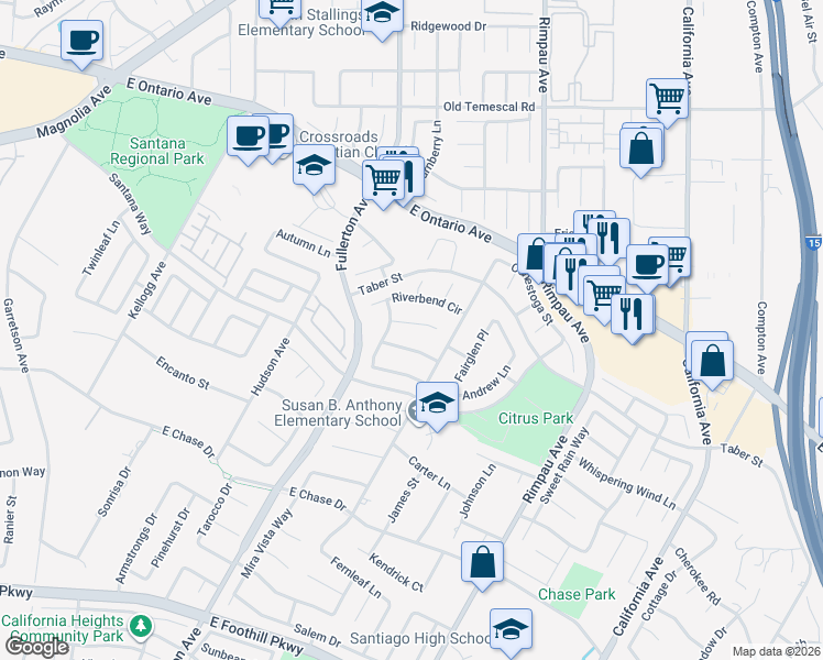 map of restaurants, bars, coffee shops, grocery stores, and more near 1040 Nighthawk Circle in Corona