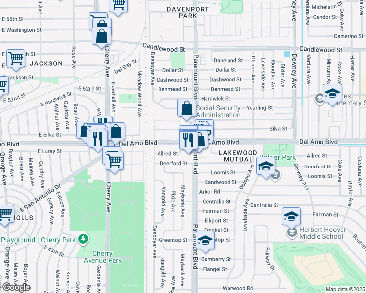 map of restaurants, bars, coffee shops, grocery stores, and more near 4840 Maybank Avenue in Lakewood