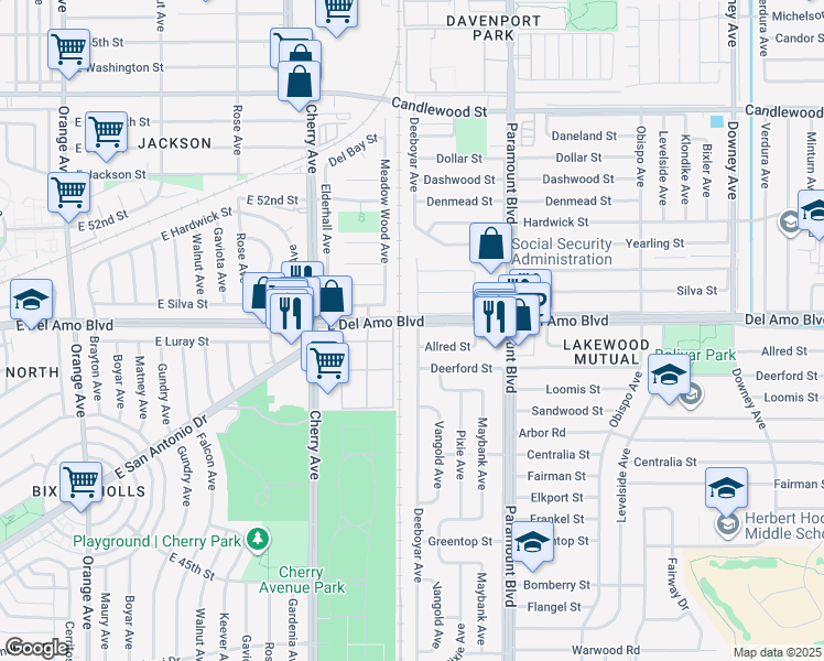 map of restaurants, bars, coffee shops, grocery stores, and more near 4843 Deeboyar Avenue in Lakewood