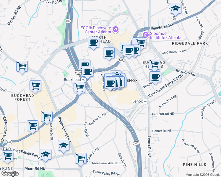 map of restaurants, bars, coffee shops, grocery stores, and more near 3393 Peachtree Road Northeast in Atlanta