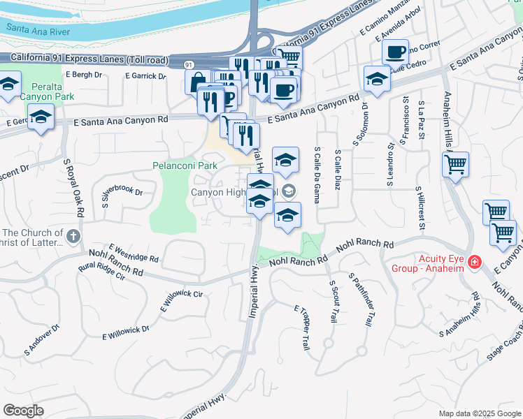 map of restaurants, bars, coffee shops, grocery stores, and more near 260 South Imperial Highway in Anaheim