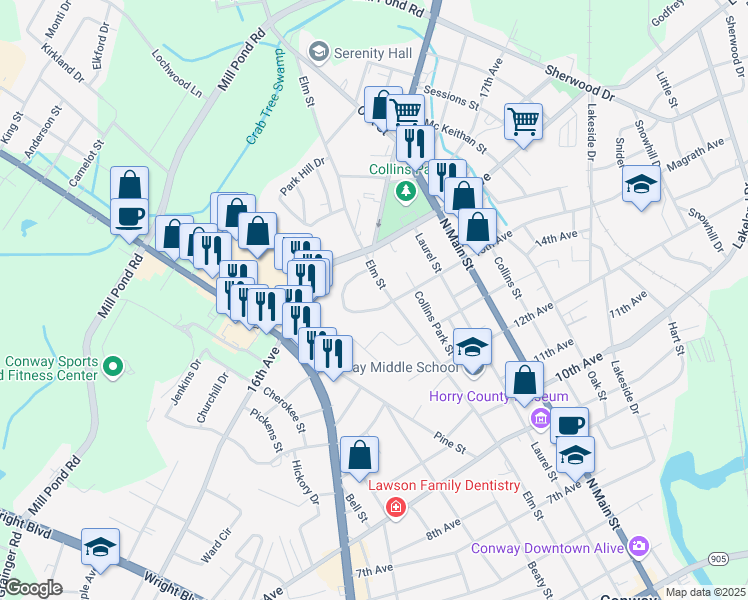 map of restaurants, bars, coffee shops, grocery stores, and more near 1503 Elm Street in Conway