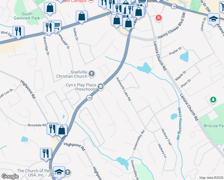map of restaurants, bars, coffee shops, grocery stores, and more near 2520 Britt Road in Snellville