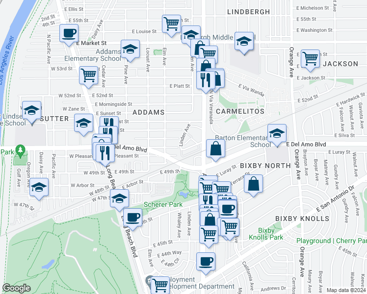 map of restaurants, bars, coffee shops, grocery stores, and more near 5010 Linden Avenue in Long Beach
