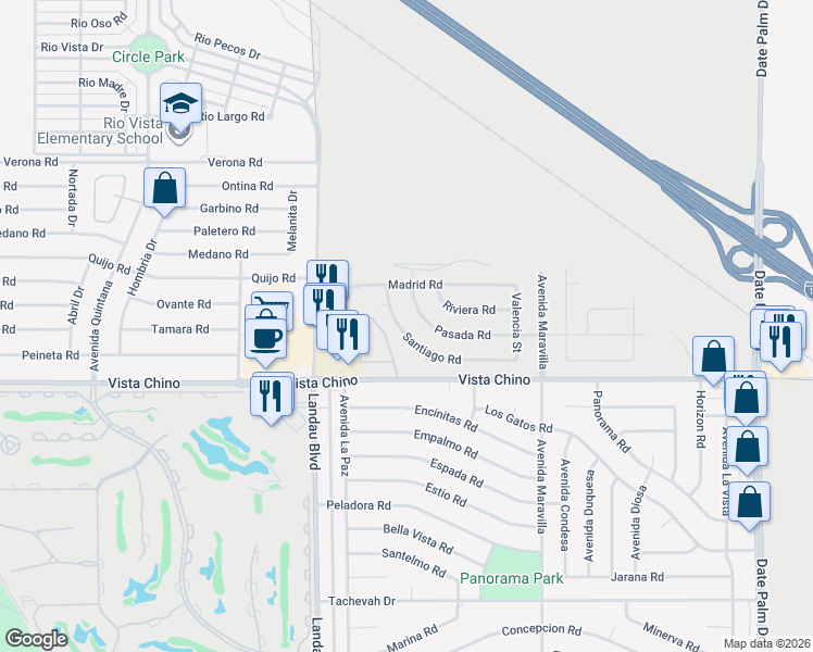 map of restaurants, bars, coffee shops, grocery stores, and more near 27852 San Sebastian Court in Cathedral City