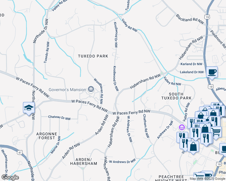 map of restaurants, bars, coffee shops, grocery stores, and more near 3364 Knollwood Drive Northwest in Atlanta