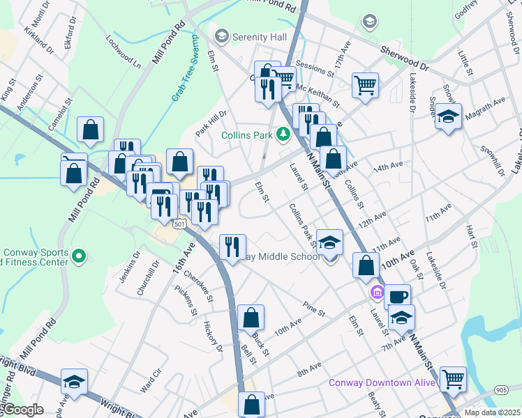 map of restaurants, bars, coffee shops, grocery stores, and more near 1503 Elm Street in Conway