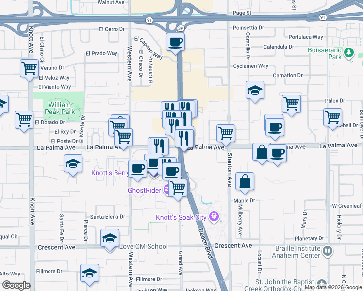 map of restaurants, bars, coffee shops, grocery stores, and more near Beach Boulevard in Buena Park