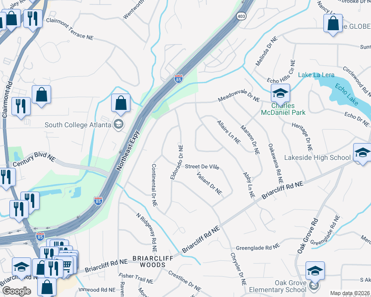 map of restaurants, bars, coffee shops, grocery stores, and more near 2151 Eldorado Drive Northeast in Atlanta