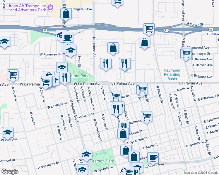 map of restaurants, bars, coffee shops, grocery stores, and more near W La Palma Ave & Anaheim Blvd in Anaheim