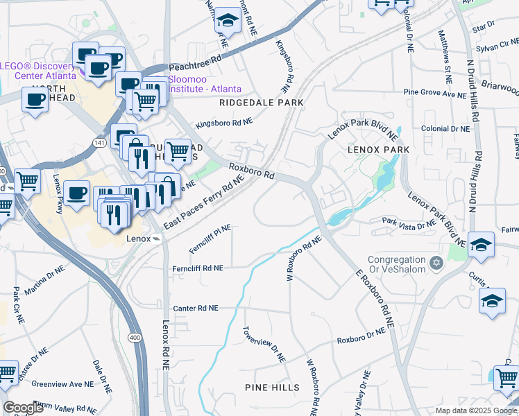 map of restaurants, bars, coffee shops, grocery stores, and more near 3491 Rockhaven Circle Northeast in Atlanta