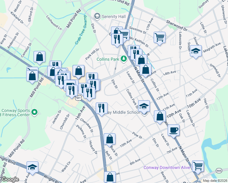 map of restaurants, bars, coffee shops, grocery stores, and more near 1209 Pinewood Circle in Conway