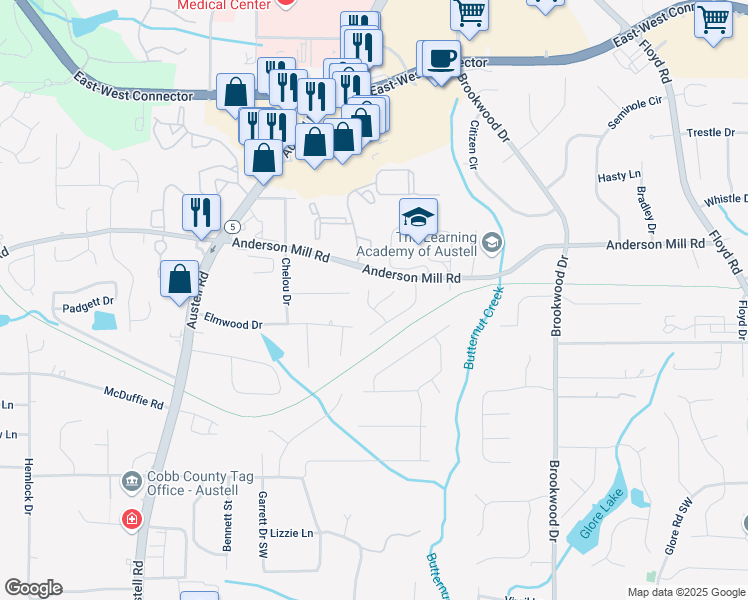 map of restaurants, bars, coffee shops, grocery stores, and more near 1612 Silver Oak Drive in Austell