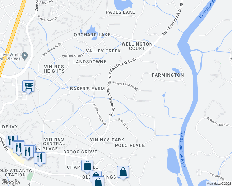 map of restaurants, bars, coffee shops, grocery stores, and more near 4395 Woodland Brook Drive Southeast in Atlanta