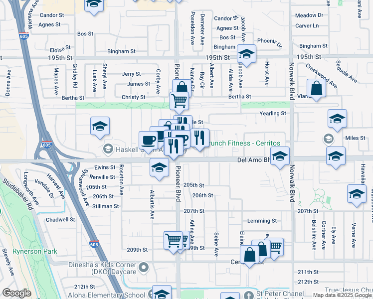 map of restaurants, bars, coffee shops, grocery stores, and more near 20110 Pioneer Boulevard in Cerritos