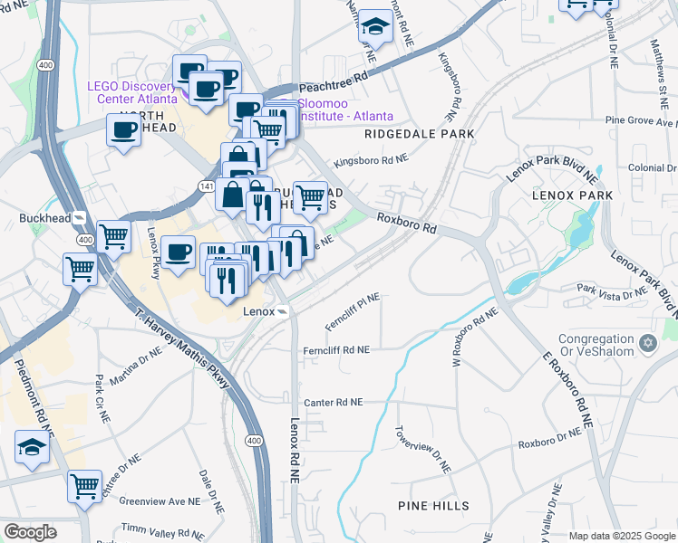 map of restaurants, bars, coffee shops, grocery stores, and more near 955 East Paces Ferry Road Northeast in Atlanta