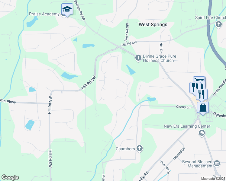 map of restaurants, bars, coffee shops, grocery stores, and more near 5395 Telford Court in Powder Springs